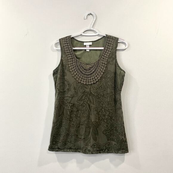 Charter Club Women's Sleeveless Top Olive Green with Crochet Detail Size S - Picture 2 of 6